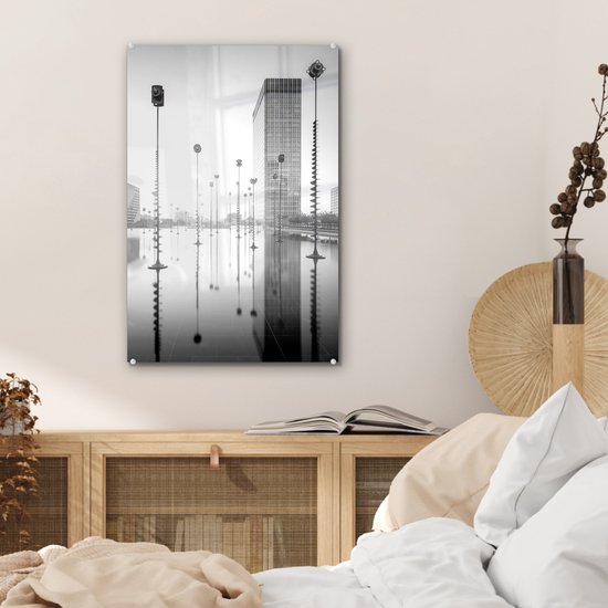 MuchoWow® Glass Painting - Carré avec différents types de lampes décoratives à Paris - noir et blanc - 40x60 cm - Peintures sur Verre Acrylique - Photo sur Glas