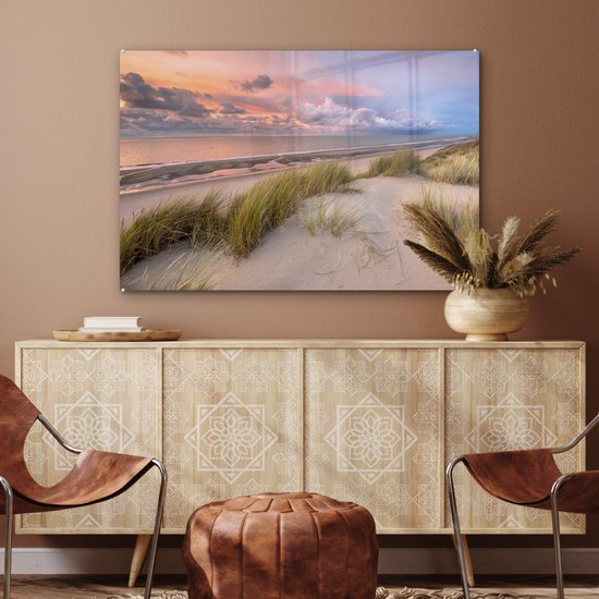 Peinture sur verre - Plage - Mer - Dune - Nederland - Rose - 120x80 cm - Peintures en plexiglas