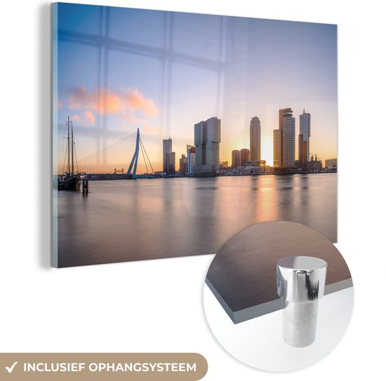 MuchoWow® Glasschilderij 180x120 cm - Schilderij acrylglas - Rotterdam - Skyline - Zon - Foto op glas - Schilderijen