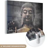 MuchoWow® Glasschilderij 90x60 cm - Schilderij acrylglas - Boeddha - Gezicht - Rook - Foto op glas - Schilderijen