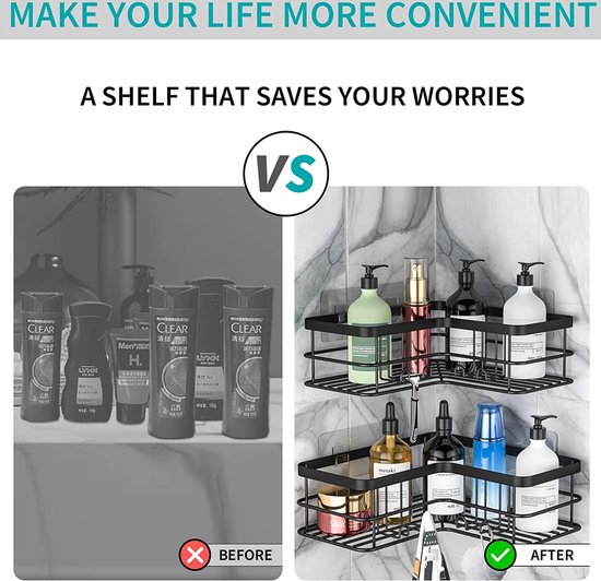 Étagère de douche d'angle, ensemble de 4 étagères de douche cachées avec porte-savon, sans perçage, acier inoxydable, organisateur de douche de salle de bain, montage mural, grande capacité (noir)