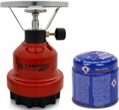 Réchaud de camping - métal - rouge - avec réservoir de remplissage de gaz - 190 grammes
