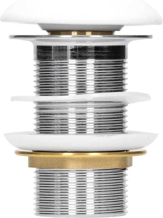 Garniture de vidage en chrome et blanc avec bouchon pop-up blanc, vue de côté.
