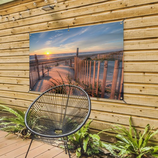 Tuinposter strand - Duin - Zonsondergang - Zee - Natuur - Landschap - Tuindoek - 120x80 cm - Tuindecoratie - Schuttingdoek - Schutting decoratie - Tuin - Tuinschilderij voor buiten - Buitenposter