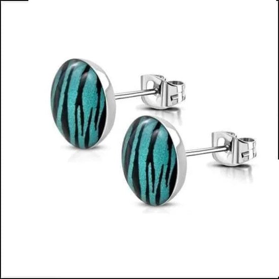 Aramat jewels ® - Ronde zweerknopjes zebra print blauw zwart staal 7mm
