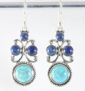 Bewerkte zilveren oorbellen met Arizona turkoois en lapis lazuli