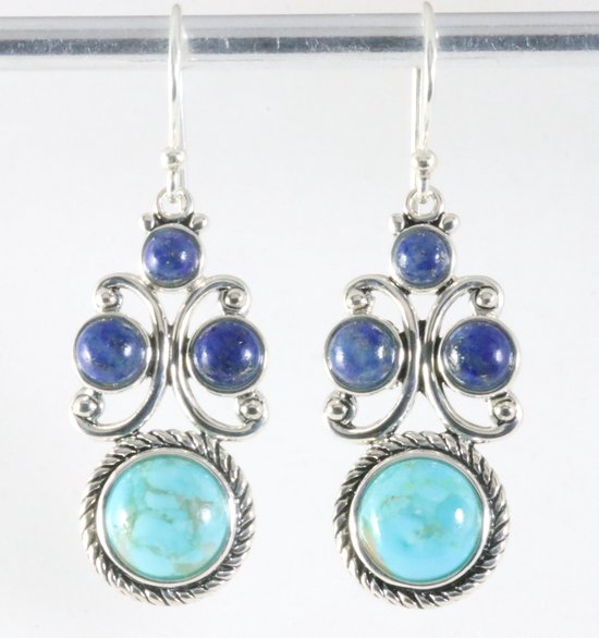 Bewerkte zilveren oorbellen met Arizona turkoois en lapis lazuli