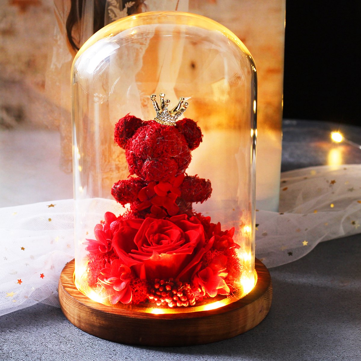 Rose Éternelle en Glas avec éclairage LED - Ourson Reine - Saint Valentin -  Fête des