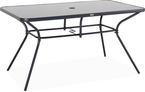 Grijze tuintafel met glazen blad en metalen frame.