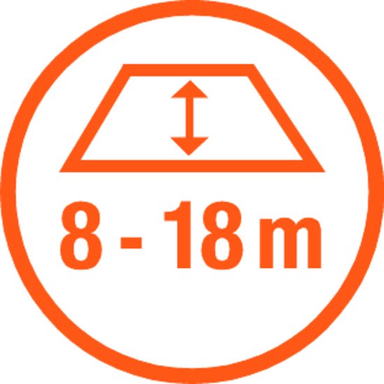 Pictogram met oranje cirkel en tekst '8-18m' voor sproeibereik.