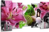 GroepArt - Canvas Schilderij - Bloem - Roze, Groen, Wit - 150x80cm 5Luik- Groot Collectie Schilderijen Op Canvas En Wanddecoraties