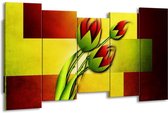 GroepArt - Canvas Schilderij - Bloem - Groen, Rood, Geel - 150x80cm 5Luik- Groot Collectie Schilderijen Op Canvas En Wanddecoraties