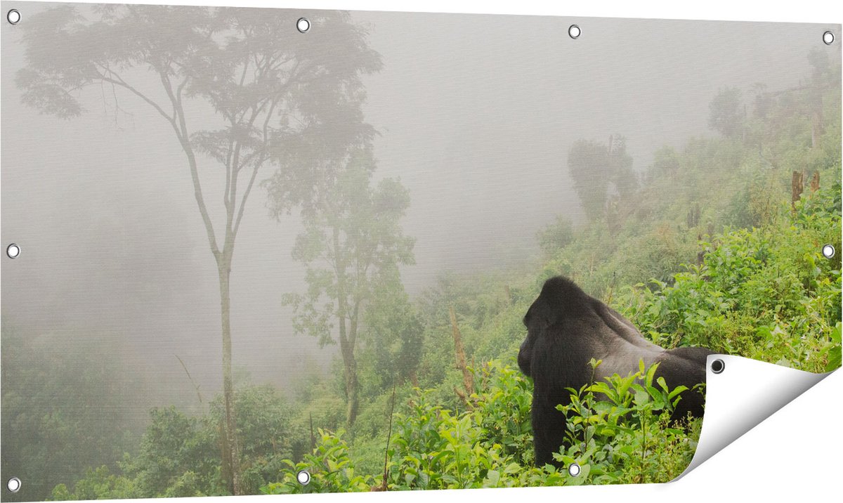 Gards Tuinposter Gorilla in het Woud tijdens de Mist - 120x60 cm - Tuindoek - Tuindecoratie - Wanddecoratie buiten - Tuinschilderij Multikleur