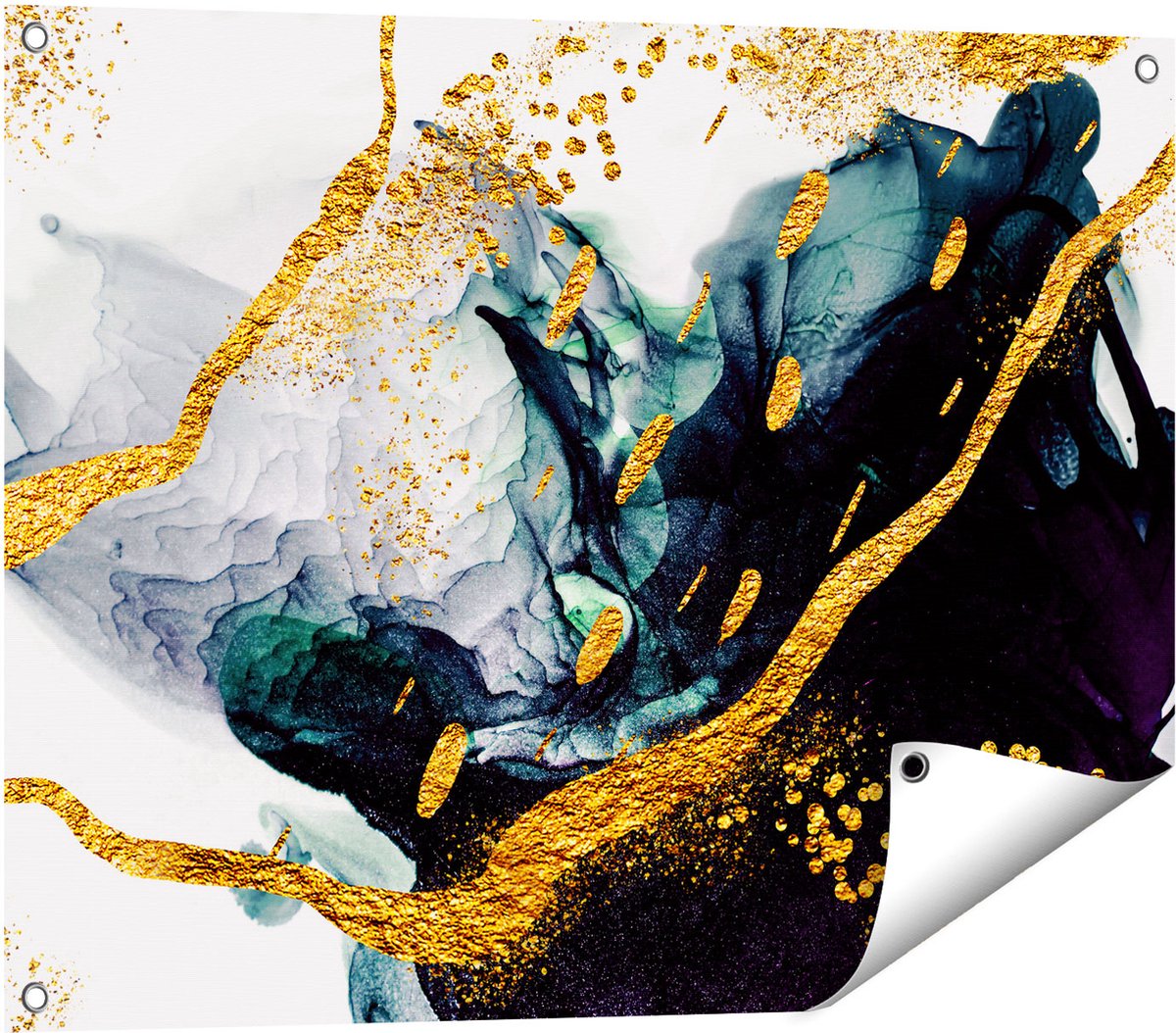 Gards Tuinposter Abstracte Kunst - Zwart Wit met Gouden Strepen - 80x60 cm - Tuindoek - Tuindecoratie - Wanddecoratie buiten - Tuinschilderij Multikleur