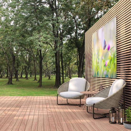 Gards Affiche de jardin Papillon bleu avec une Bloem violette - 160x120 cm - Toile jardin - Décoration de jardin - Décoration murale extérieur - Tableau jardin