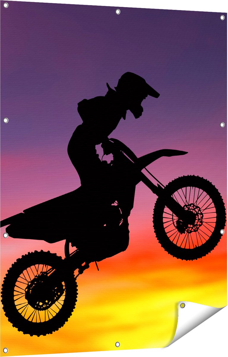 Gards Tuinposter Silhouet van een Motorcross in de Lucht - 90x120 cm - Tuindoek - Tuindecoratie - Wanddecoratie buiten - Tuinschilderij Multikleur