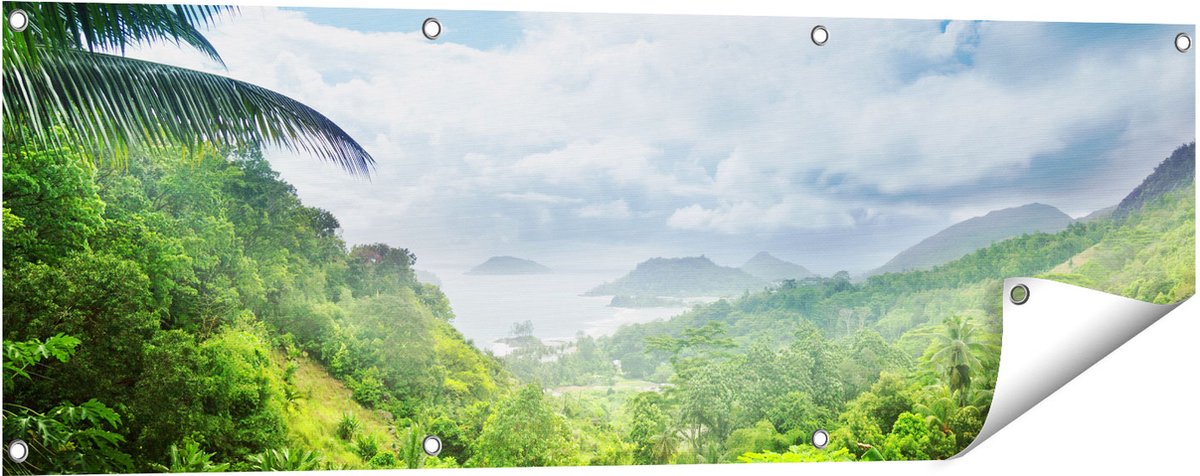 Gards Tuinposter Jungle Uitzicht op de Seychellen - 120x40 cm - Tuindoek - Tuindecoratie - Wanddecoratie buiten - Tuinschilderij Multikleur