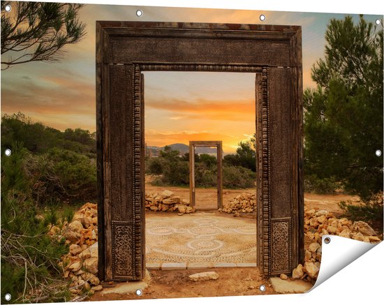 Foto: Gards tuinposter cale llentia deur opening in ibiza 120x80 cm tuindoek tuindecoratie wanddecoratie buiten tuinschilderij