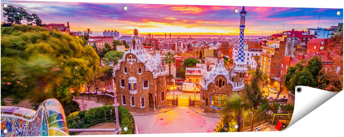 Gards Tuinposter Park G�ell Uitzicht op Barcelona - 150x50 cm - Tuindoek - Tuindecoratie - Wanddecoratie buiten - Tuinschilderij Multikleur