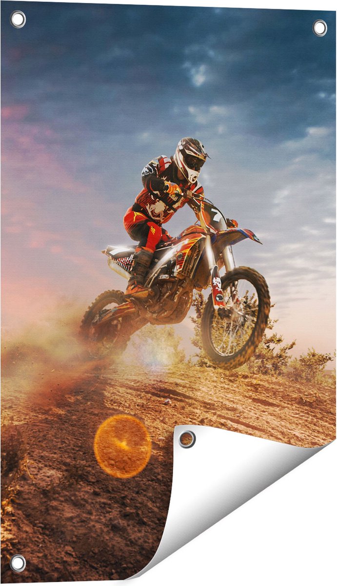 Gards Tuinposter Motorcross op een Heuvel bij Zonsondergang - 40x60 cm - Tuindoek - Tuindecoratie - Wanddecoratie buiten - Tuinschilderij Multikleur