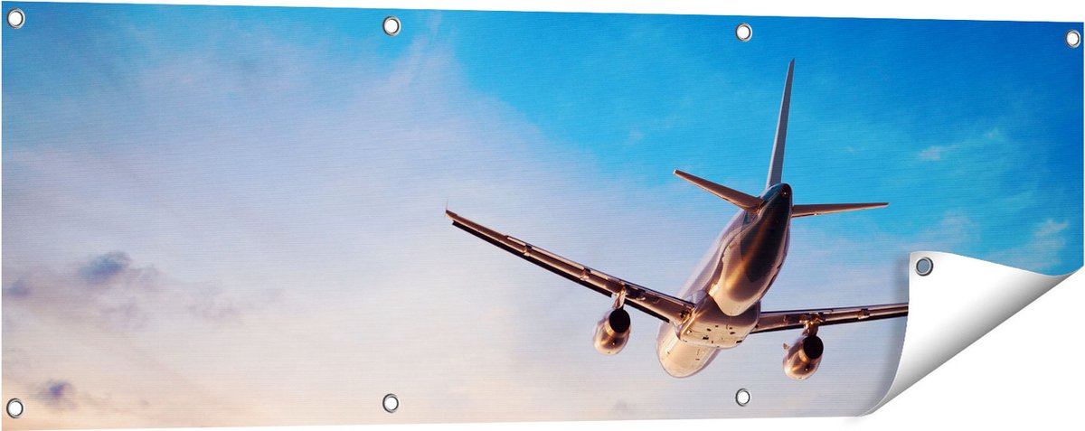 Gards Tuinposter Vliegtuig Boven de Zee bij Zonsondergang - 120x40 cm - Tuindoek - Tuindecoratie - Wanddecoratie buiten - Tuinschilderij Multikleur