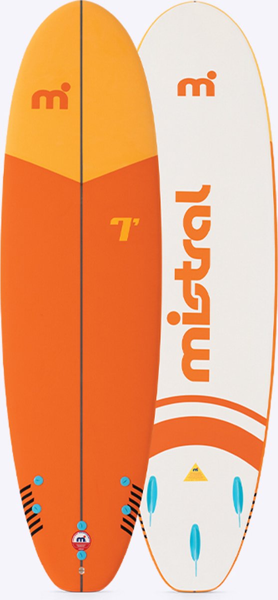 Mistral Bahia 7'0 | Soft Top Surfboard | Mini Mal Surfboard | Oranje/Geel | Non-Slip Foam Deck | Incl. 3 Vinnen | Voor Beginners, Familie en Surfplezier