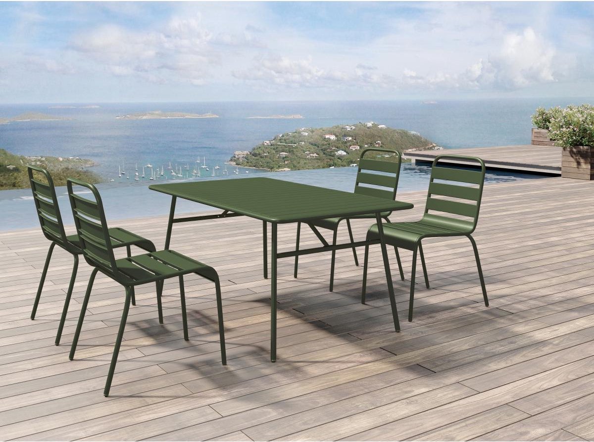 MYLIA Tuineethoek van metaal - Een tafel D160 cm en 4 opstapelbare stoelen - Kaki - MIRMANDE L 160 cm x H 79 cm x D 80 cm
