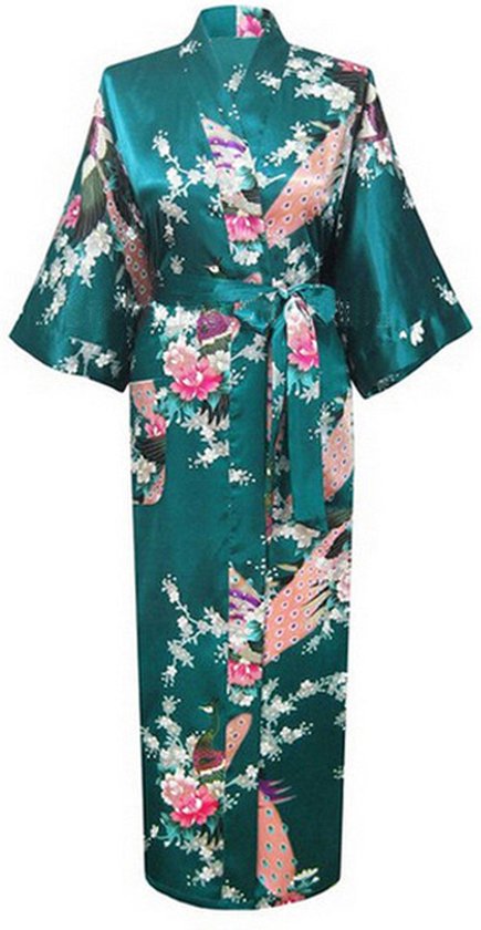 KIMU® Kimono Petrol 3/4 - Maat M-L - Yukata Satijn Onder de Knie - Driekwart Groen Blauwe Ochtendjas Japanse Kamerjas Sexy Satijnen Badjas Geisha Pauw Festival