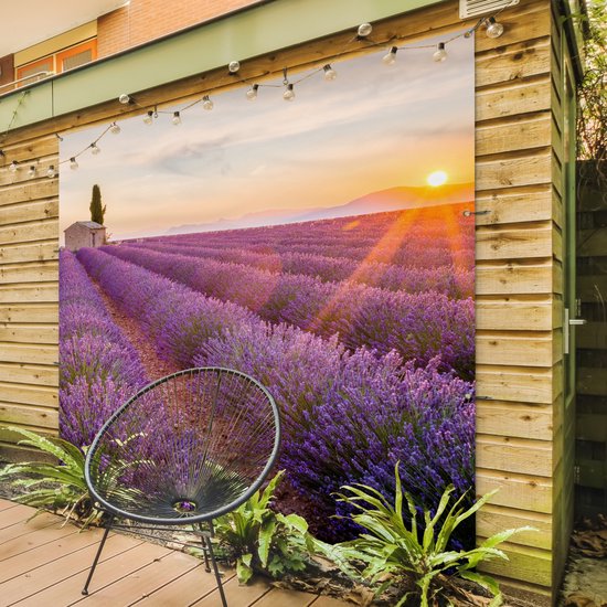 Affiche de jardin lavande - Coucher de soleil - Fleurs - Violet - Toile de jardin - Toile de clôture - Peinture jardin extérieur - Décoration clôture - 200x200 cm - Décoration de jardin - Jardin - Poster extérieur
