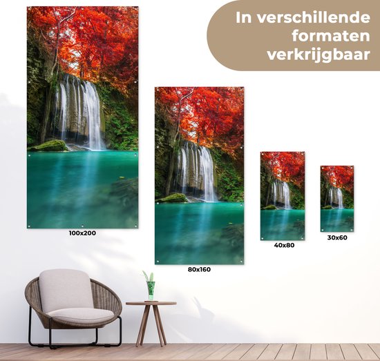 Poster de jardin Cascade - arbre - Rouge - Automne - Water - 40x80 cm - Décoration murale Outdoor - Poster de jardin - Toile de jardin - Poster de clôture - Tableau de jardin