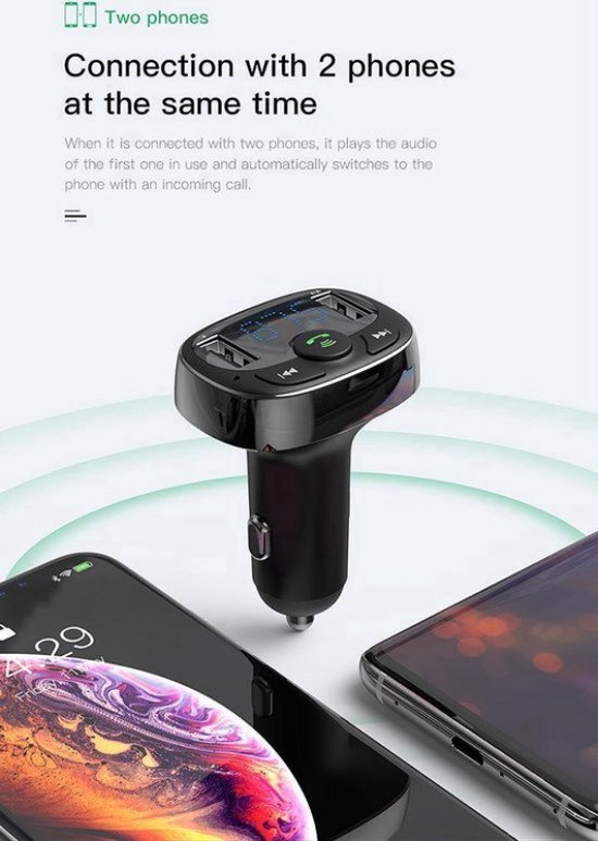 Baseus T-serie - Bluetooth FM Transmitter - USB-lader 3.4A - Zwart