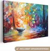 Canvas Schilderij Kleurrijk - Olieverf - Water - Boot - 120x80 cm - Wanddecoratie