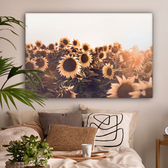 Tableau Toile Tournesols - Champ - Coucher de Soleil - Fleurs - Jaune - 120x80 cm - Décoration murale