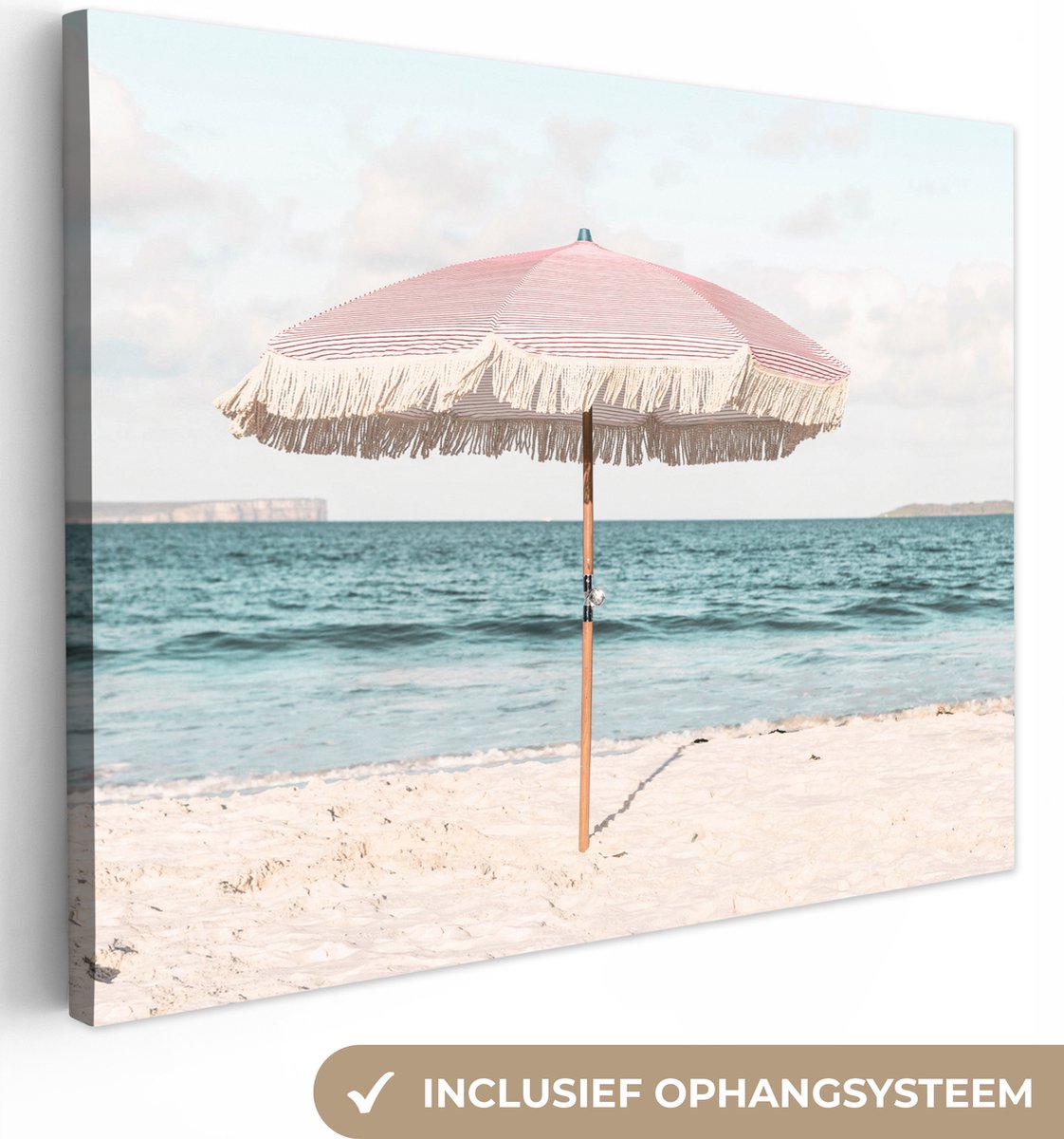 Canvas schilderij 40x30 cm - Wanddecoratie Parasol - Strand - Zee - Wolken - Muurdecoratie