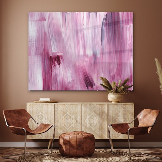 MuchoWow® Glasschilderij 160x120 cm - Schilderij acrylglas - Kleuren - Verf - Schilderij - Roze - Foto op glas - Schilderijen