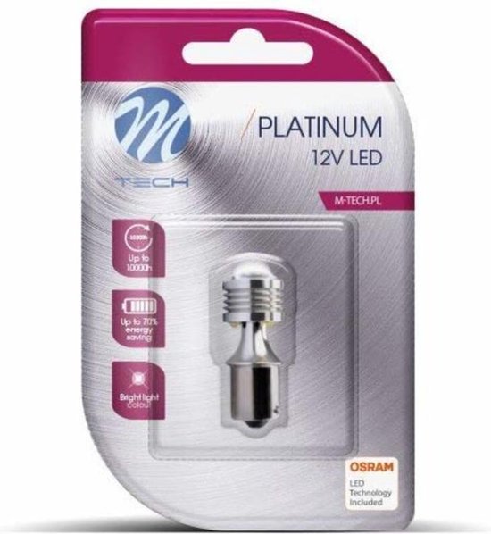 Osram Platinum 12V LED lamp in verpakking met icoontjes voor levensduur, energiebesparing en helderheid.