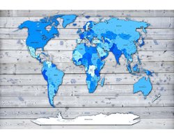 Fotobehang - Vlies Behang - Blauwe wereldkaart op houten planken - 368 x 254 cm