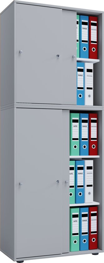 Grijze schuifdeurkast met 5 vakken met mappen in verschillende kleuren: groen, blauw, rood en wit.