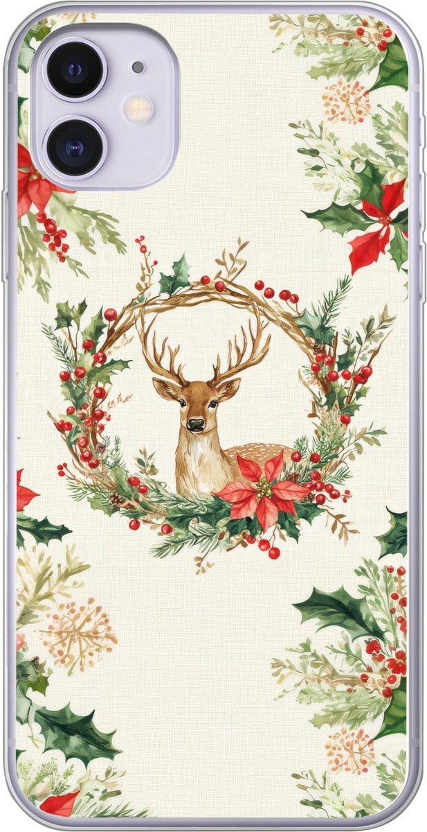 Telefoonhoesje Geschikt voor iPhone 11 hoesje - Kerstkrans - Hert - Hulst - Rood - Siliconen Telefoonhoesje Telefoonhoesje