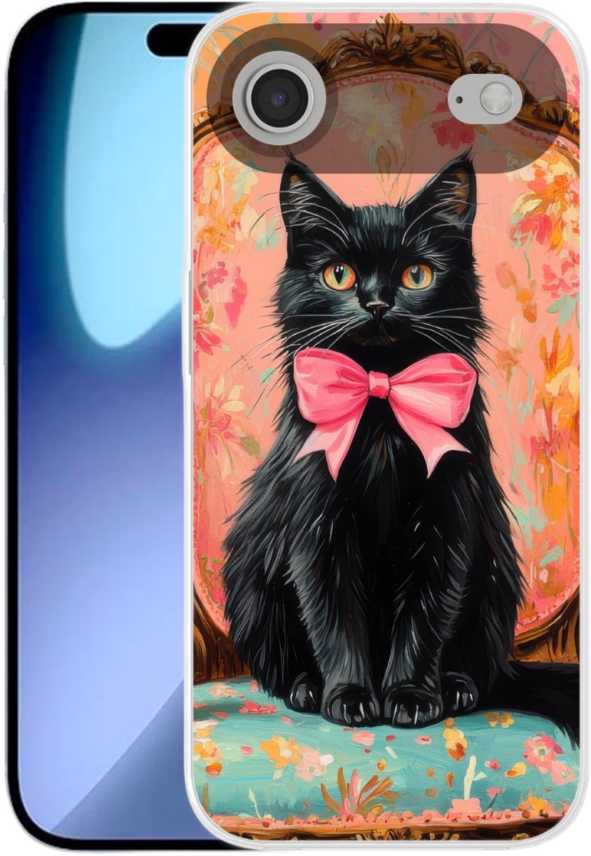 Telefoonhoesje Geschikt voor iPhone Air hoesje - Kat - Roze - Stoel met bloemenmotief - Siliconen Telefoonhoesje Telefoonhoesje