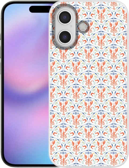 Coque de téléphone avec un motif d'écrevisses, de plantes et de petites fleurs dans les tons orange, bleu et vert sur fond blanc.