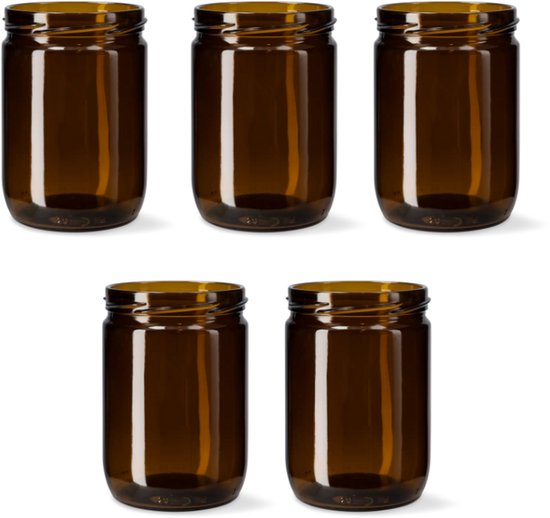 Vijf amberkleurige glazen potten, 500ml, met schroefdraad.