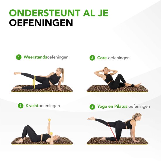 Vrouwen demonstreren oefeningen op een fitnessmat met panterprint: weerstand, core, kracht, yoga en pilates.