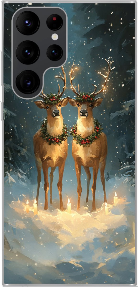 Telefoonhoesje Geschikt voor Samsung Galaxy S22 Ultra hoesje - Dennensprookje - Rendier - Nacht - Siliconen Telefoonhoesje Telefoonhoesje