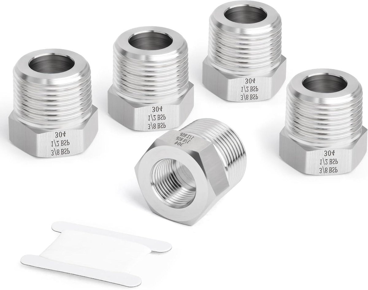 CSGoods - 5-delige smeden 304 roestvrijstalen reducer hex bushing, 1/2" mannelijke BSP naar 3/8" vrouwelijke BSP, voor water, olie, lucht, gas