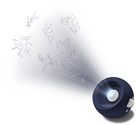 Projecteur bleu projetant des constellations sur le mur.