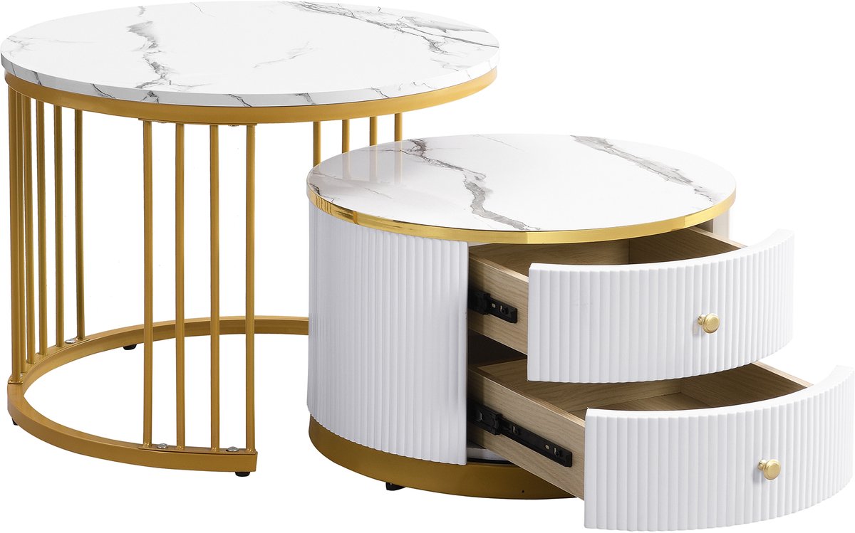 MODFU Set van 2 salontafels, rond 60x60x45.5 cm & 50x50x32 cm, MDF wit, hoogglans marmerlook, met 2 lades