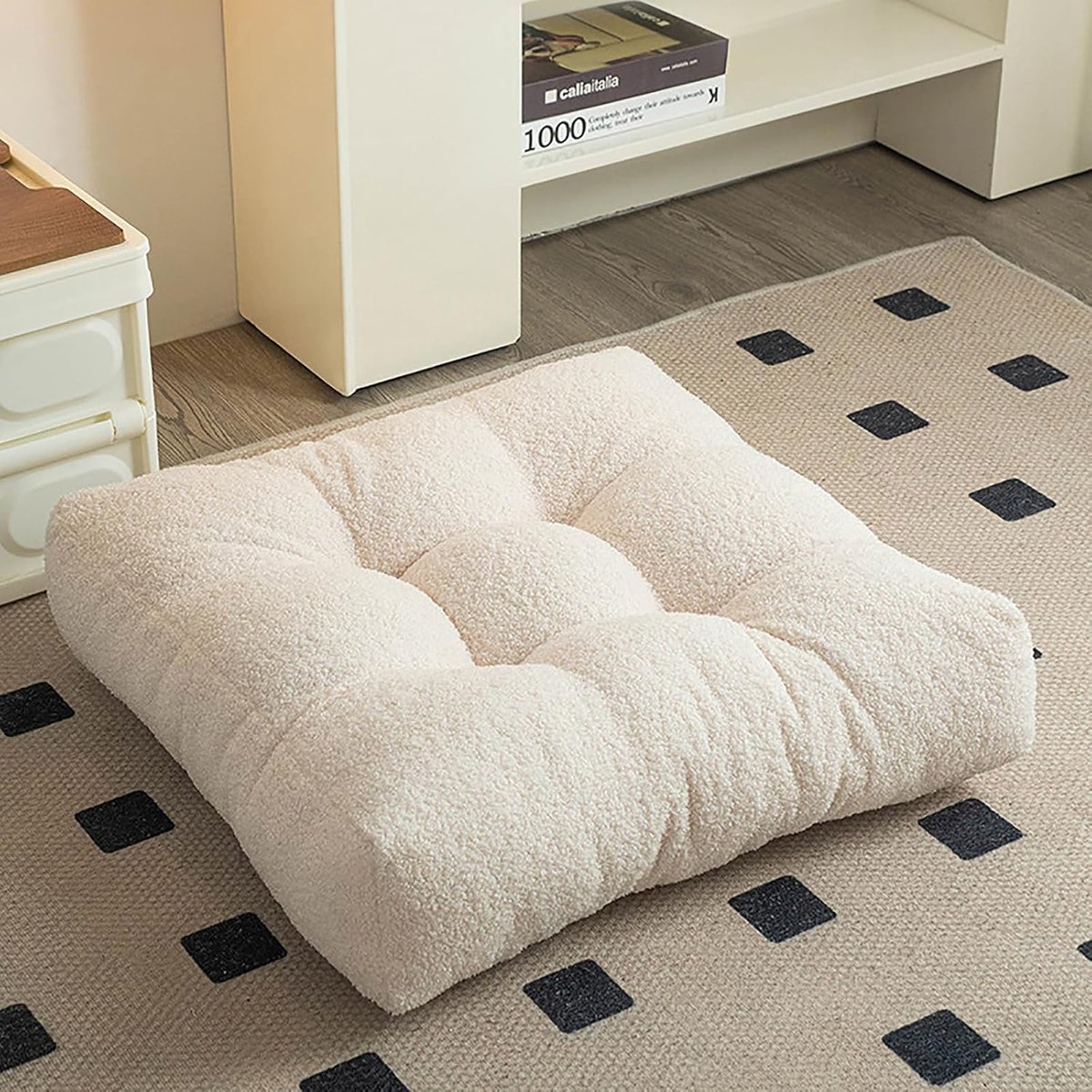 Warm vierkant zitkussen, geschikt voor vloeren en stoelen in huis, verdikte en comfortabele vloermat, zacht wollen zitkussen, geschikt voor kantoren, eetkamers en keukens voor volwassenen (gebroken wit, 55 cm x 55 cm).