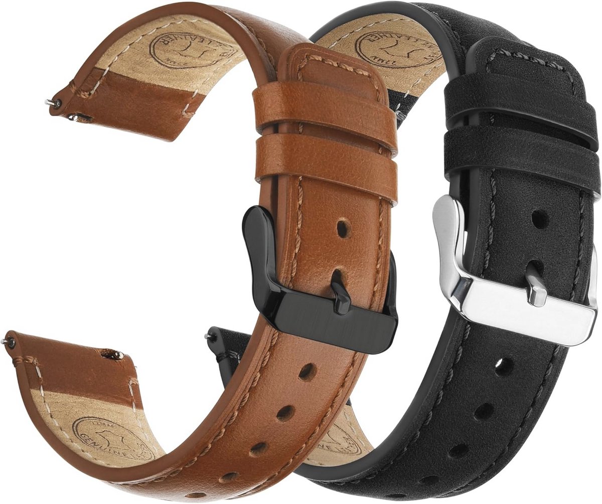 Leren Horlogeband 18mm, 20mm, 22mm met Snelle Bevestiging - Unisex 2-Pack