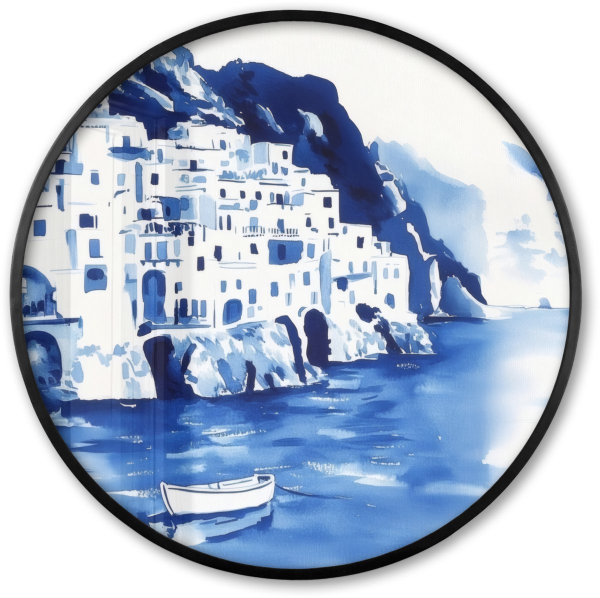 FrameYourWall Poster in lijst Rond - Fotolijst 60x60 cm - Posters - Dorp - Rotswand - Roeiboot - Water - Ronde posterlijst zwart - Decoratie - Wanddecoratie woonkamer - Muurdecoratie slaapkamer Dorp - Water - Roeiboot